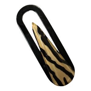 Large Vintage Bakelite Paperclip 1980s Brooch Pin Black & Cream Animal Print